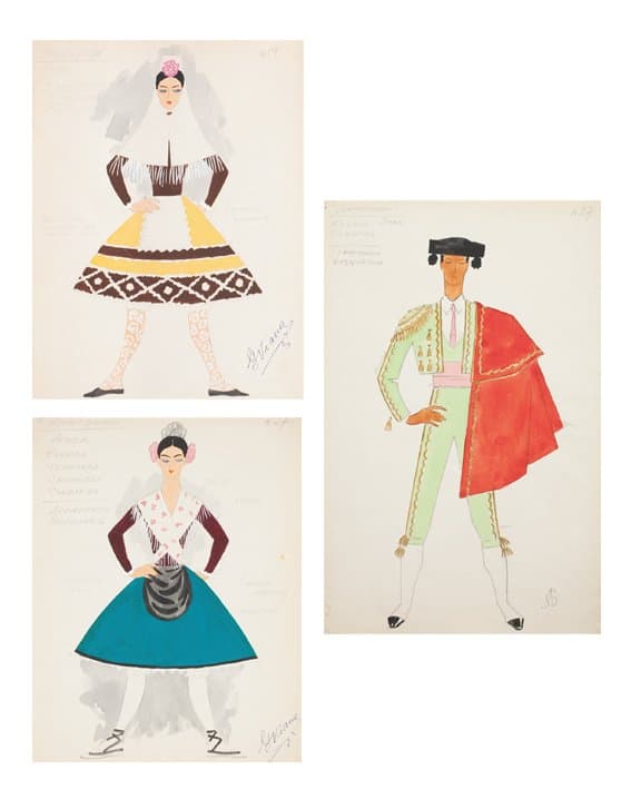 Арагонка. Дівчина з острова Майорка. Ескізи костюмів до балету «Іспанські мініатюри». Циган. Ескіз костюму до опери Ж. Бізе «Кармен».